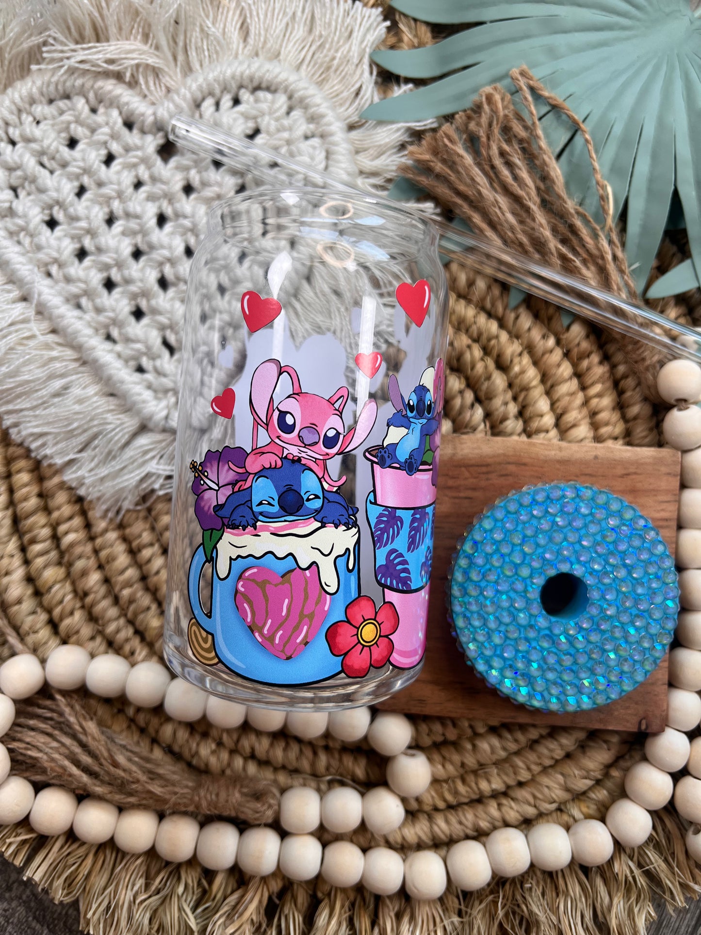 Lata de vidrio con chisme hawaiano de Stitch