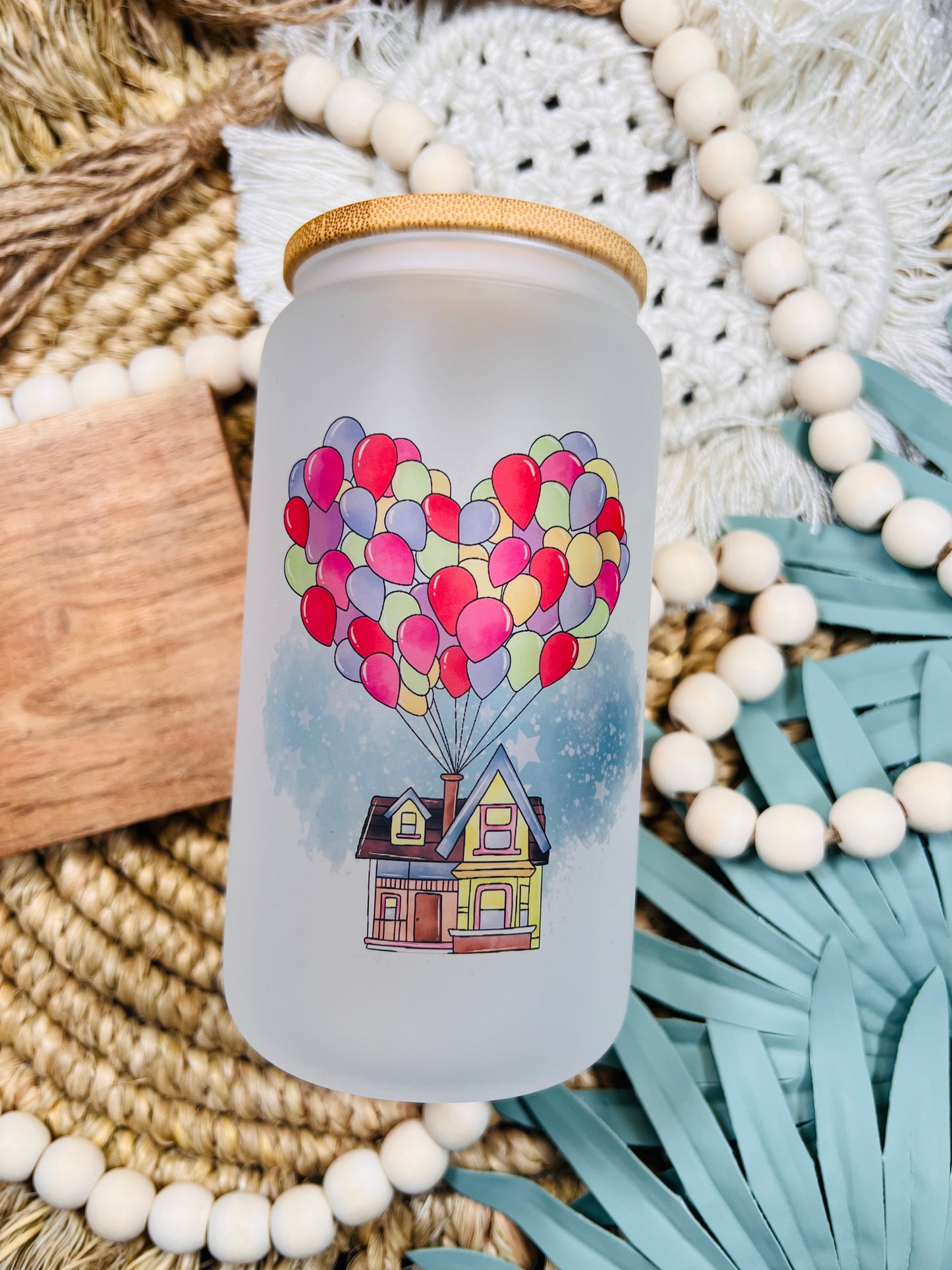 House With Balloons Glass Can