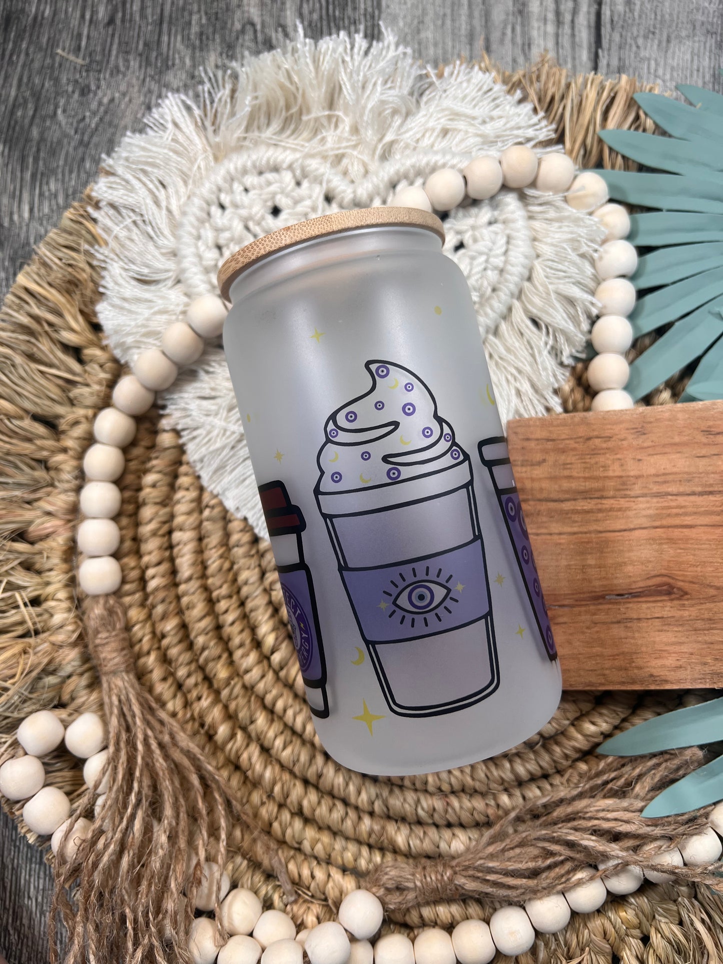 Lata de vidrio azul con efecto mal de ojo