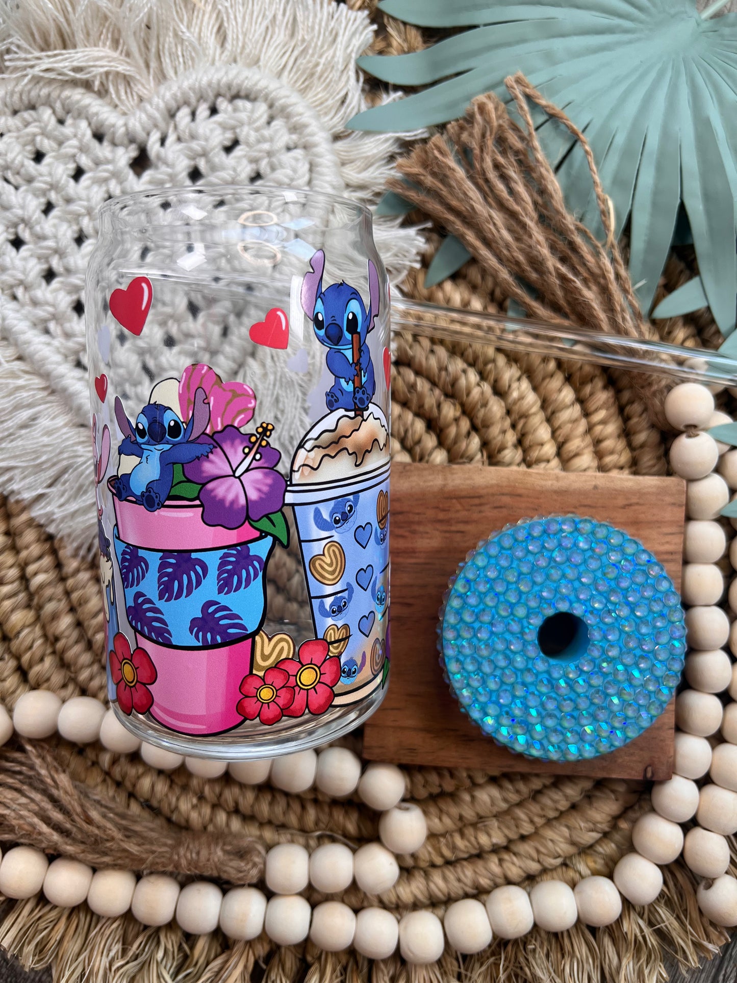 Lata de vidrio con chisme hawaiano de Stitch 