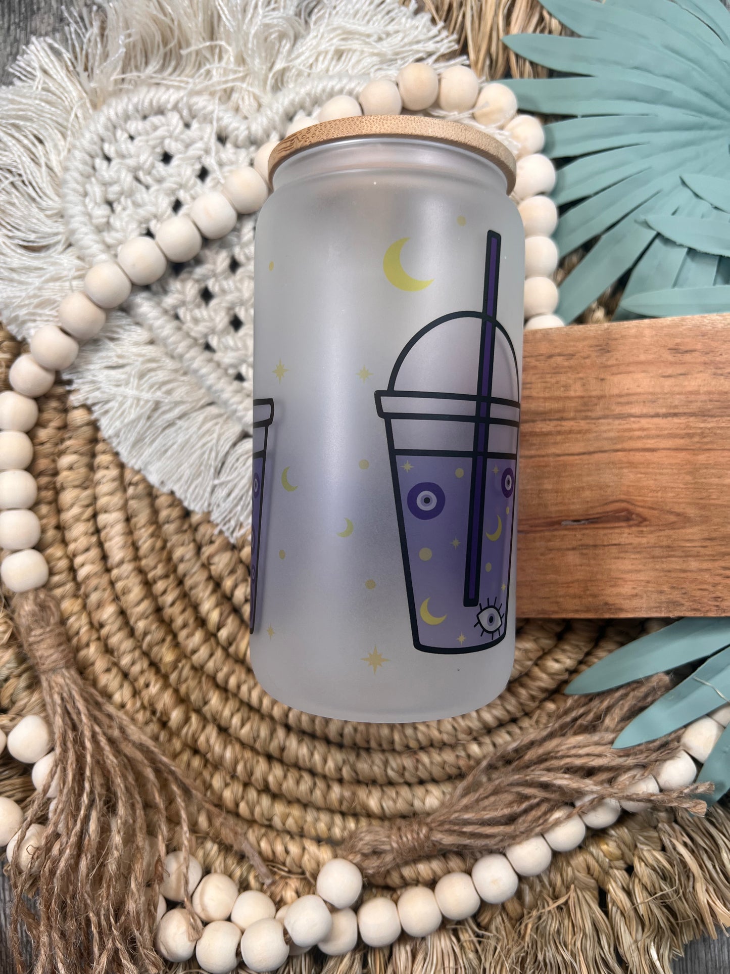 Lata de vidrio azul con efecto mal de ojo