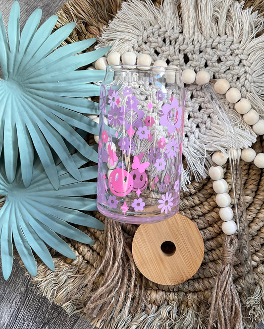 Happy Face Pink & Purple Glass Can