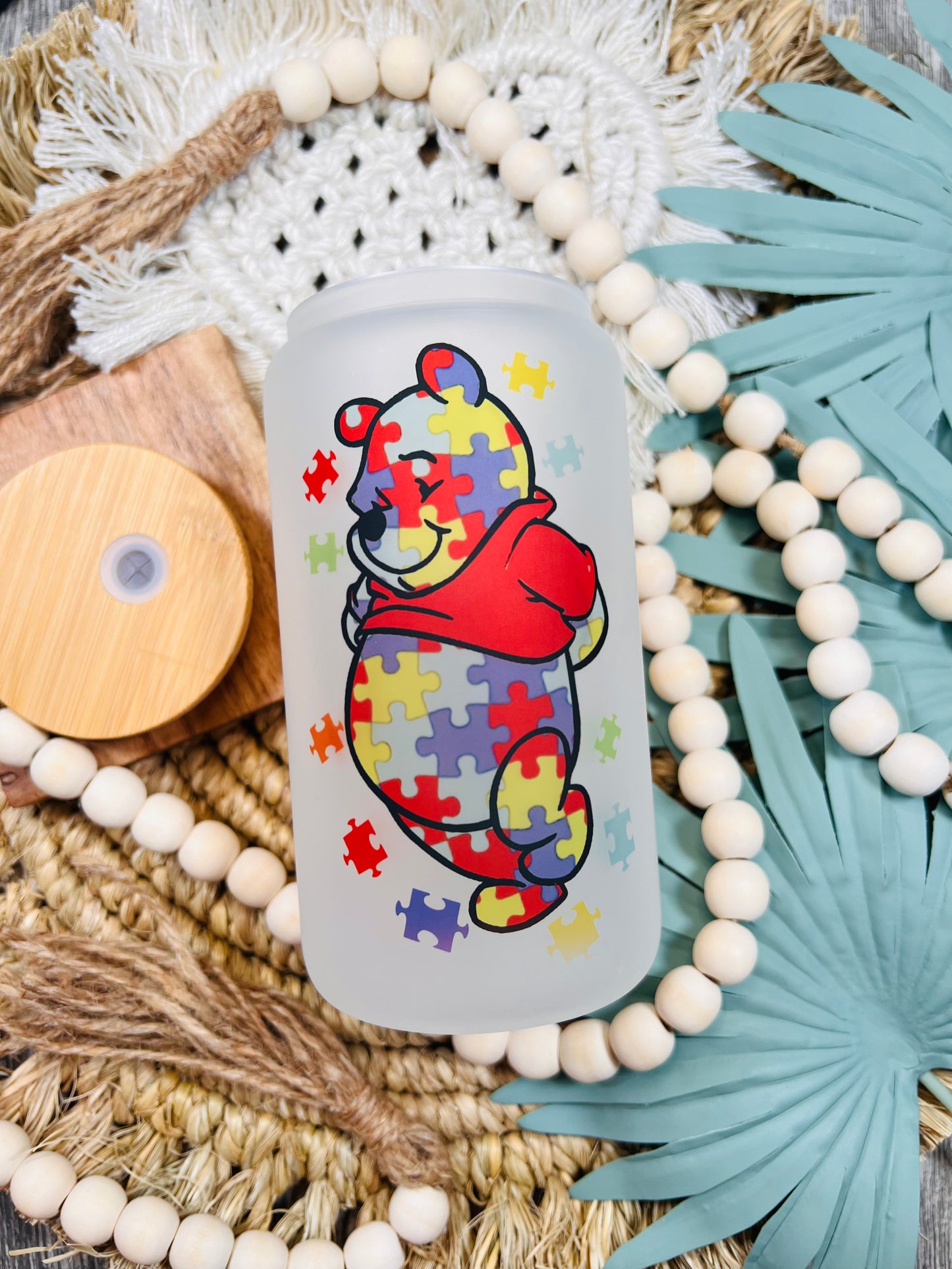 Lata de vidrio con diseño de Winnie the Pooh para autismo